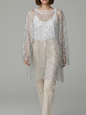 Silver White Sheer Sequin Tunic Top — Long Sleeve